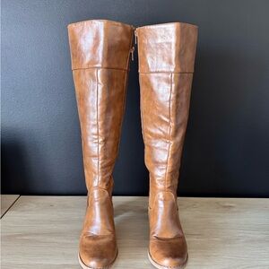 Women's Tall Brown Leather Riding Boots, Braided Back Detail | 7